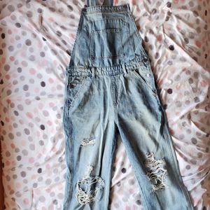 XS Denim Overalls, Distressed, Light-wash
